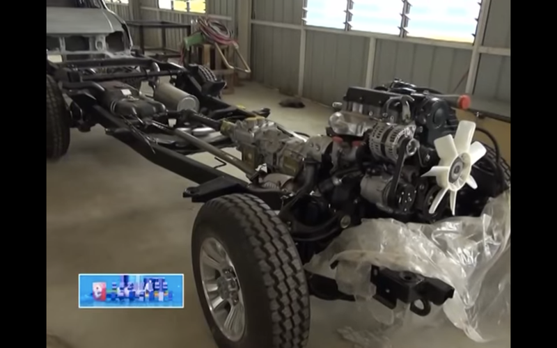 A screenshot of Ghanaian TV’s eBusiness Journal’s tour of the Kantanka factory showing an assembled rolling chassis.